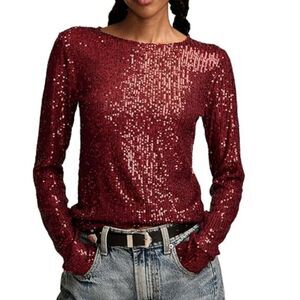 NEW Red Sz Jr Medium Sparkly Sequined Long Sleeve Semi Sheer Holiday Shirt GLAM